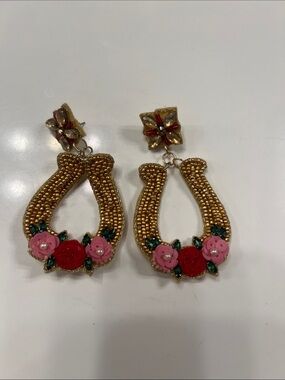 Gold Floral Horseshoe Drop Earrings with Pink & Red Accents